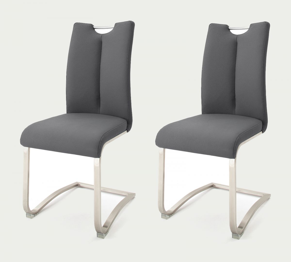 2 x Stuhl Artos in Grau Kunstleder und Edelstahl Freischwinger mit Griffloch Flachrohr Esszimmerstuhl 2er Set