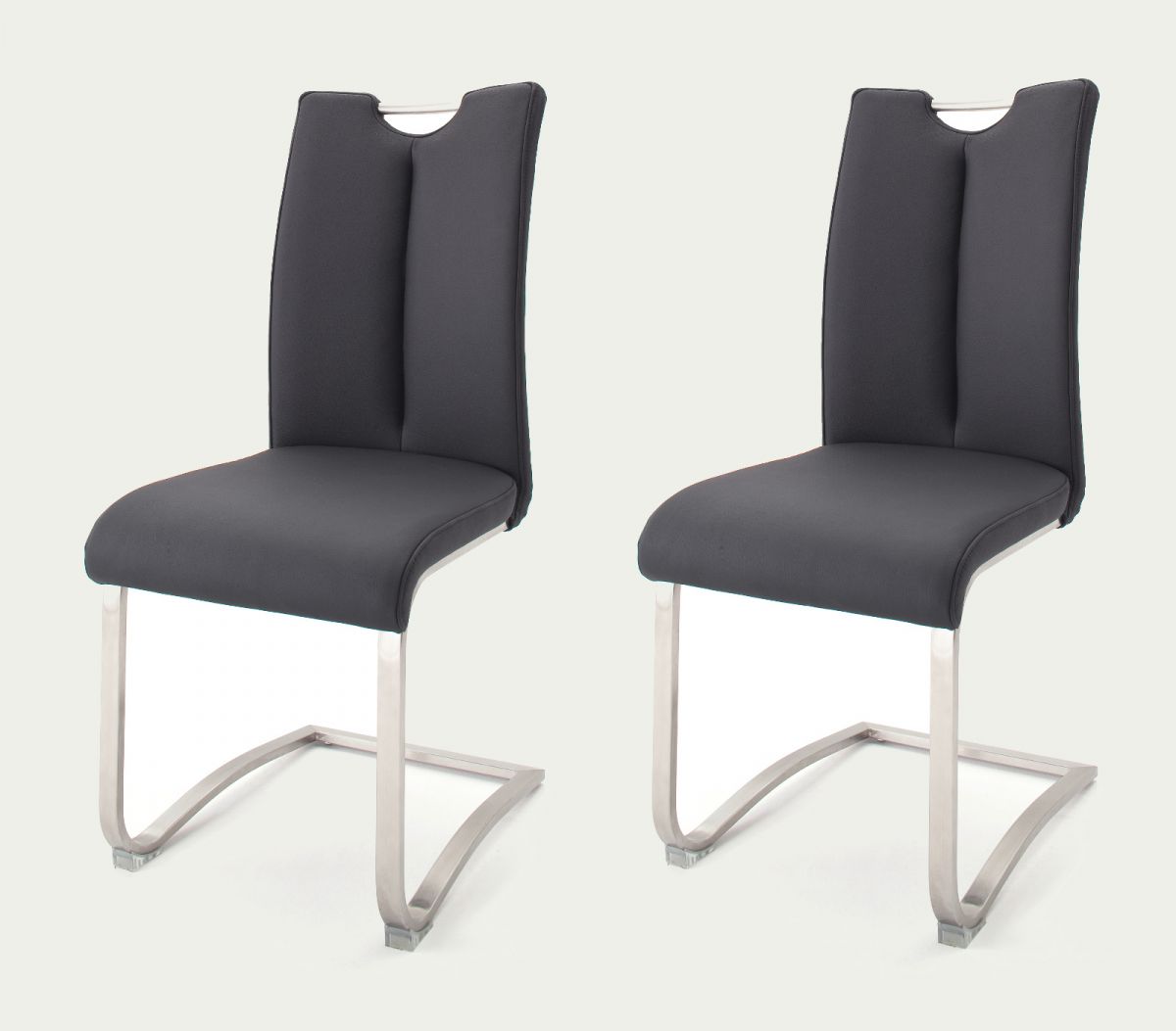 2 x Stuhl Artos in Schwarz Leder und Edelstahl Freischwinger mit Griffloch Flachrohr Esszimmerstuhl 2er Set