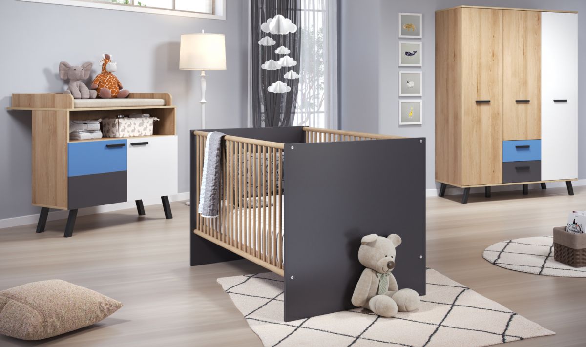 Babyzimmer Mats Color in Bianco Buche mit blau oder rosa komplett Set 3-teilig mit Wickelkommode- Babybett und XL Kleiderschrank