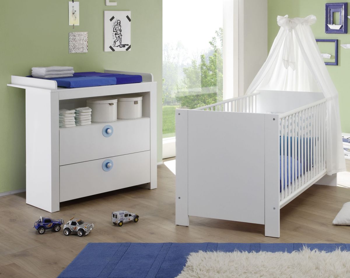 Babyzimmer Olivia in weiss und blau komplett Set 2-teilig mit Wickelkommode und Babybett