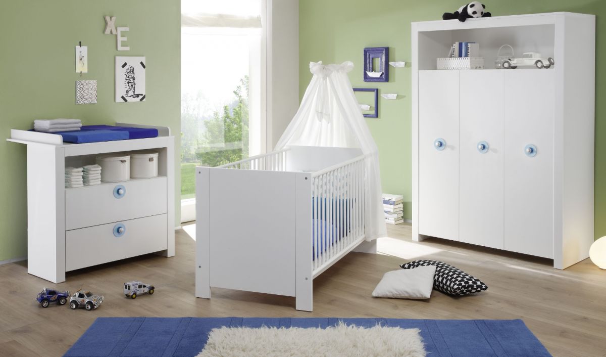 Babyzimmer Olivia in weiss und blau komplett Set 3-teilig mit Wickelkommode Kleiderschrank und Babybett