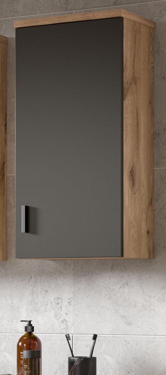 Badezimmer Hängeschrank Grado in grau matt und Nox Eiche Badschrank hängend 37 x 75 cm