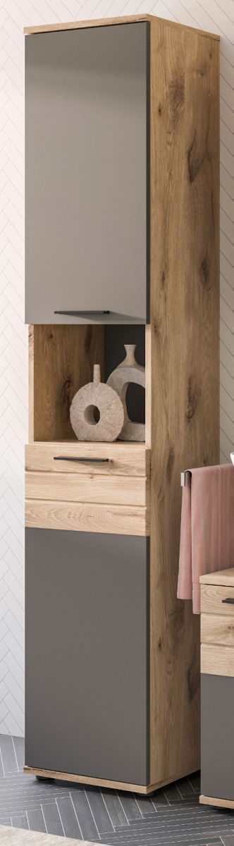 Badezimmer Hochschrank Mason in Nox Eiche und Basalt grau Badschrank 37 x 190 cm unter Badezimmer > Hochschränke > Holz