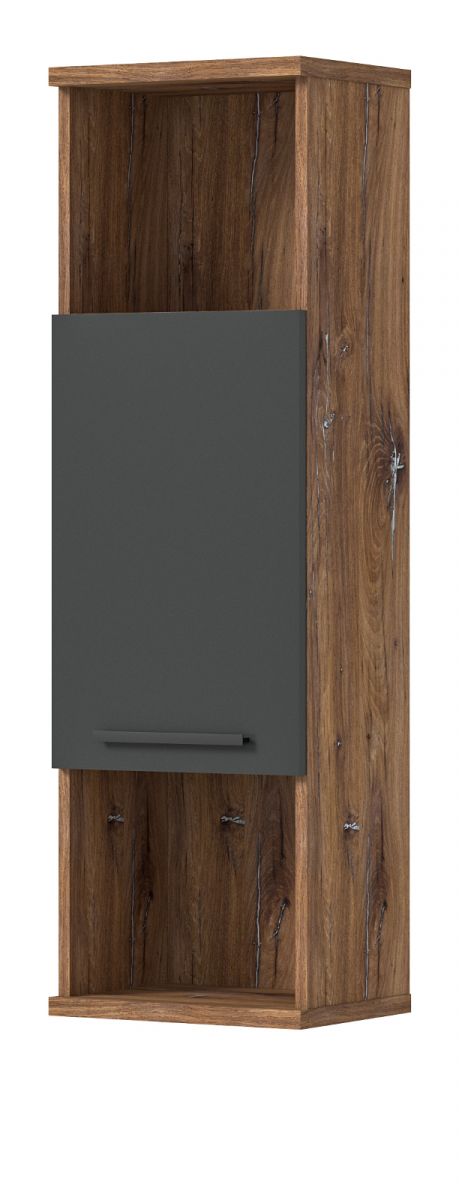 Badezimmer Hochschrank Ramon in grau matt und Flagstaff Eiche Badschrank hängend 35 x 112 cm