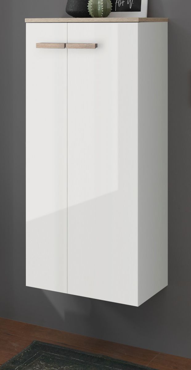 Badezimmer Kommode Dense in weiss Lack Hochglanz und Eiche Midischrank hängend - stehend 51 x 110 cm