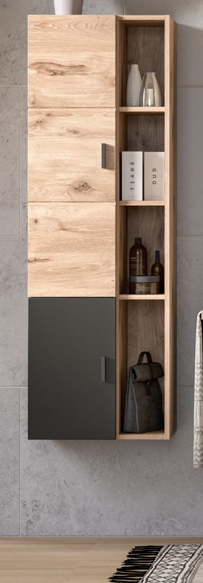 Badezimmer Midischrank Grado in Nox Eiche und grau matt Badschrank hängend 48 x 144 cm