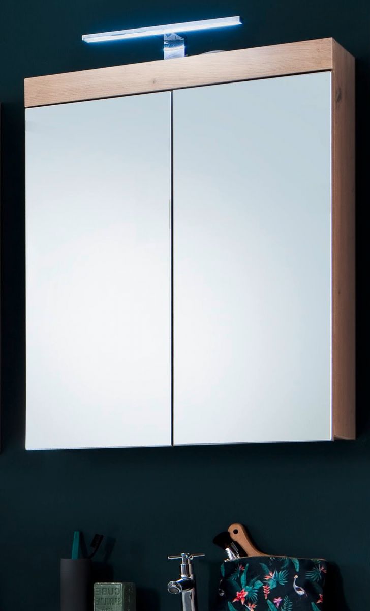 Badezimmer Spiegelschrank Amanda in Eiche Dekor Badschrank 2-türig 60 x 77 cm
