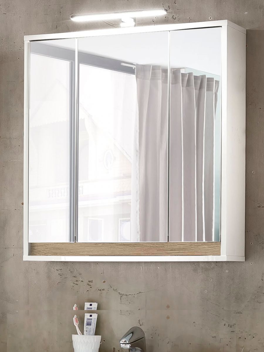 Badezimmer Spiegelschrank Sol in weiss und Alteiche Dekor Badschrank 3-trig 67 x 73 cm