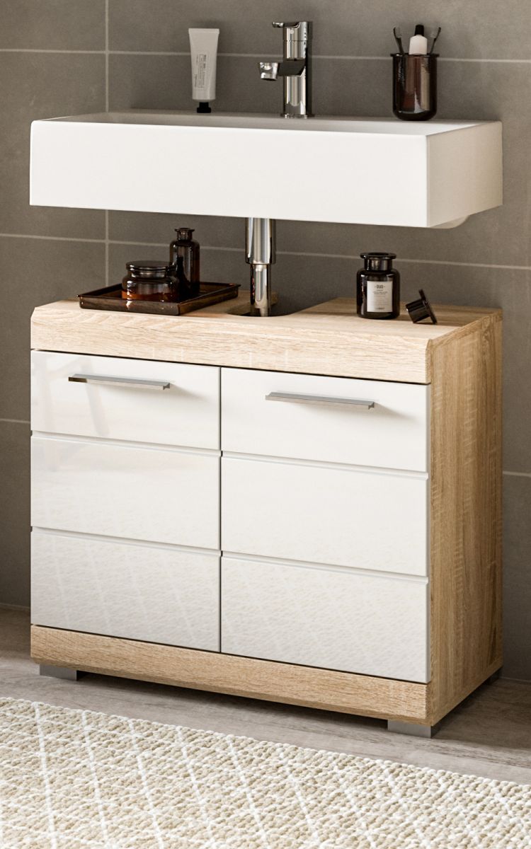 Badezimmer Waschbeckenunterschrank Lambada in weiss Hochglanz und Sonoma Eiche Badschrank 60 cm
