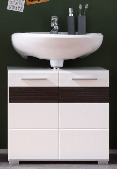 Badezimmer Waschbeckenunterschrank Mezzo in weiss Hochglanz und Eiche dunkel Badschrank 60 x 56 cm