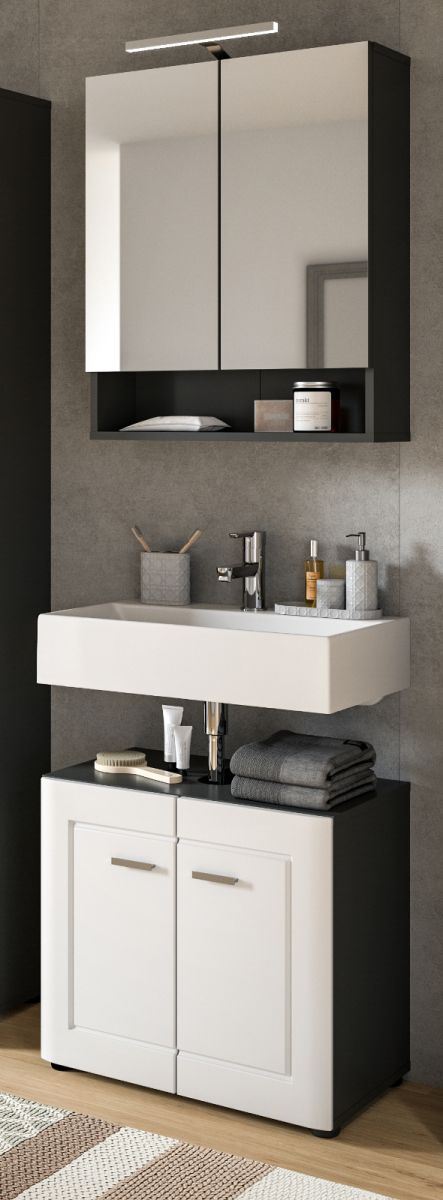 Badmbel Set 2-teilig Lago in weiss matt und grau Badkombination mit Waschbeckenunterschrank und Spiegelschrank