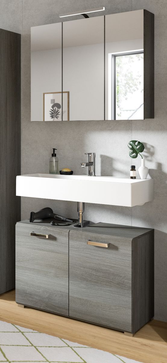 Badmöbel Set 2-teilig Silver in Rauchsilber grau Badkombination mit Waschbeckenunterschrank und Spiegelschrank
