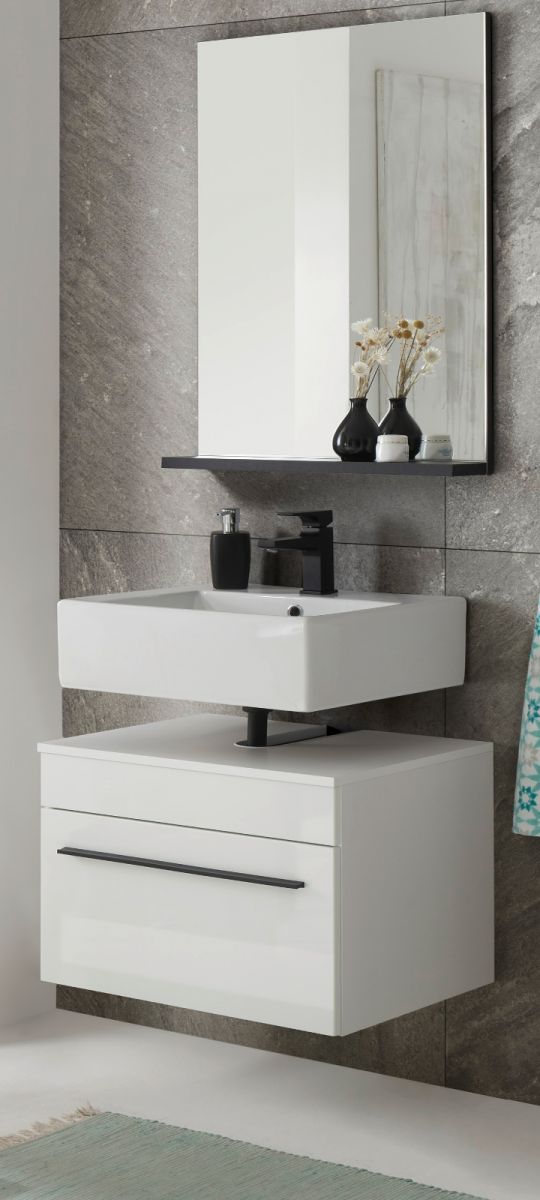 Badmöbel Set Design-D in weiss Hochglanz und schwarz Badkombination 2-tlg- Waschbeckenunterschrank und Spiegel 60 x 200 cm