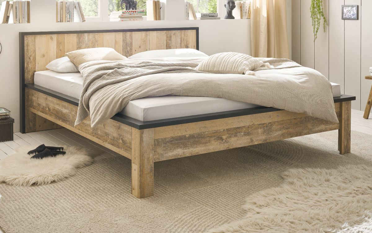 Bett Stove in Used Wood hell und anthrazit Doppelbett Liegefläche 180 x 200 cm unter Schlafzimmer > Betten > Bett 180x200