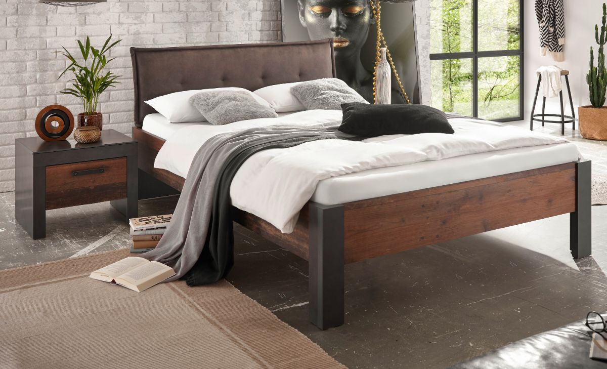 Bett und Nachttisch Ward in Used Wood Shabby und Matera grau Liegefläche 140 x 200 cm Set 2-tlg-