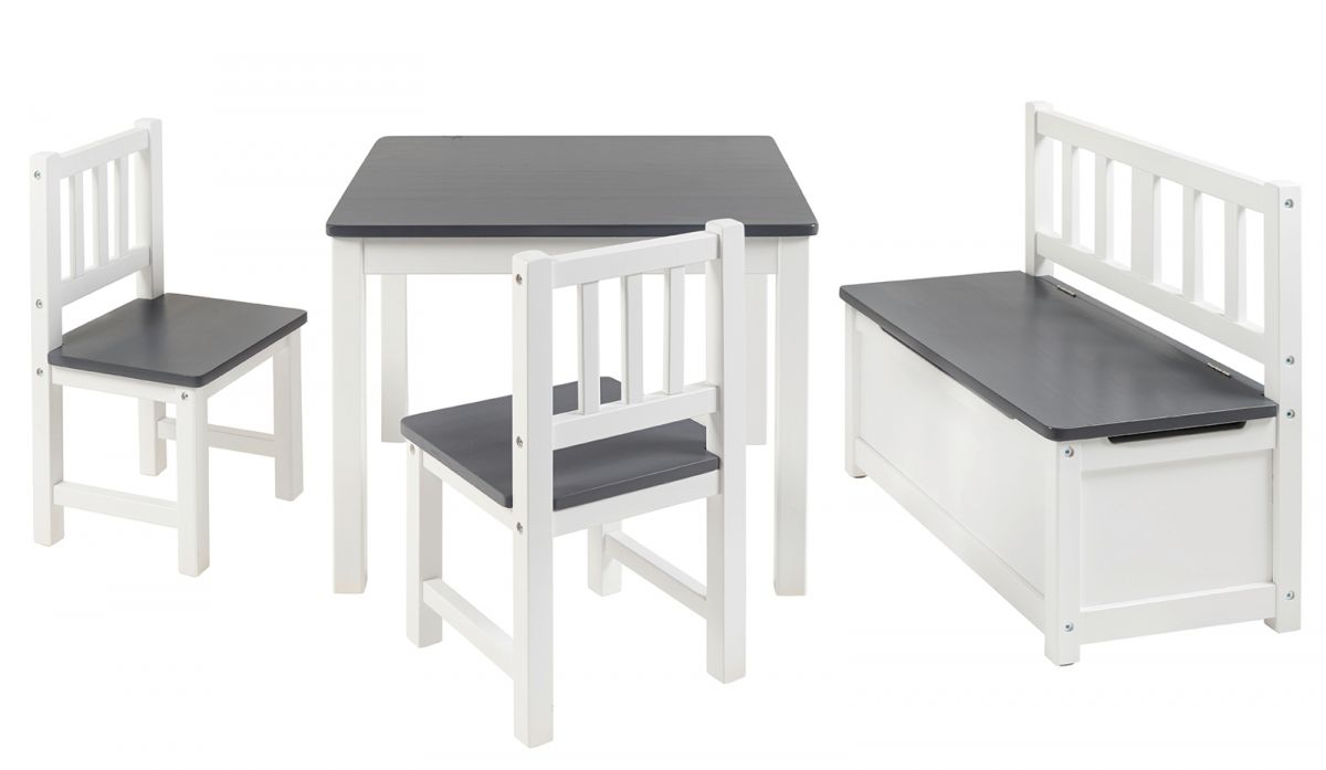 BOMI(R) Kindersitzgruppe Anna in weiss und grau Sitzgruppe Kindertisch- Truhenbank und 2 x Stuhl
