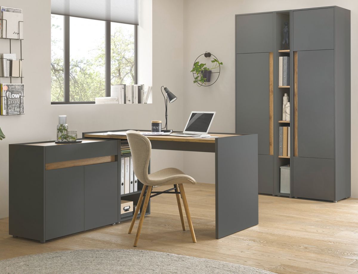 Büromöbel komplett Set Center in grau matt und Wotan Eiche mit Schreibtisch- Kommode und Aktenschrank für Homeoffice