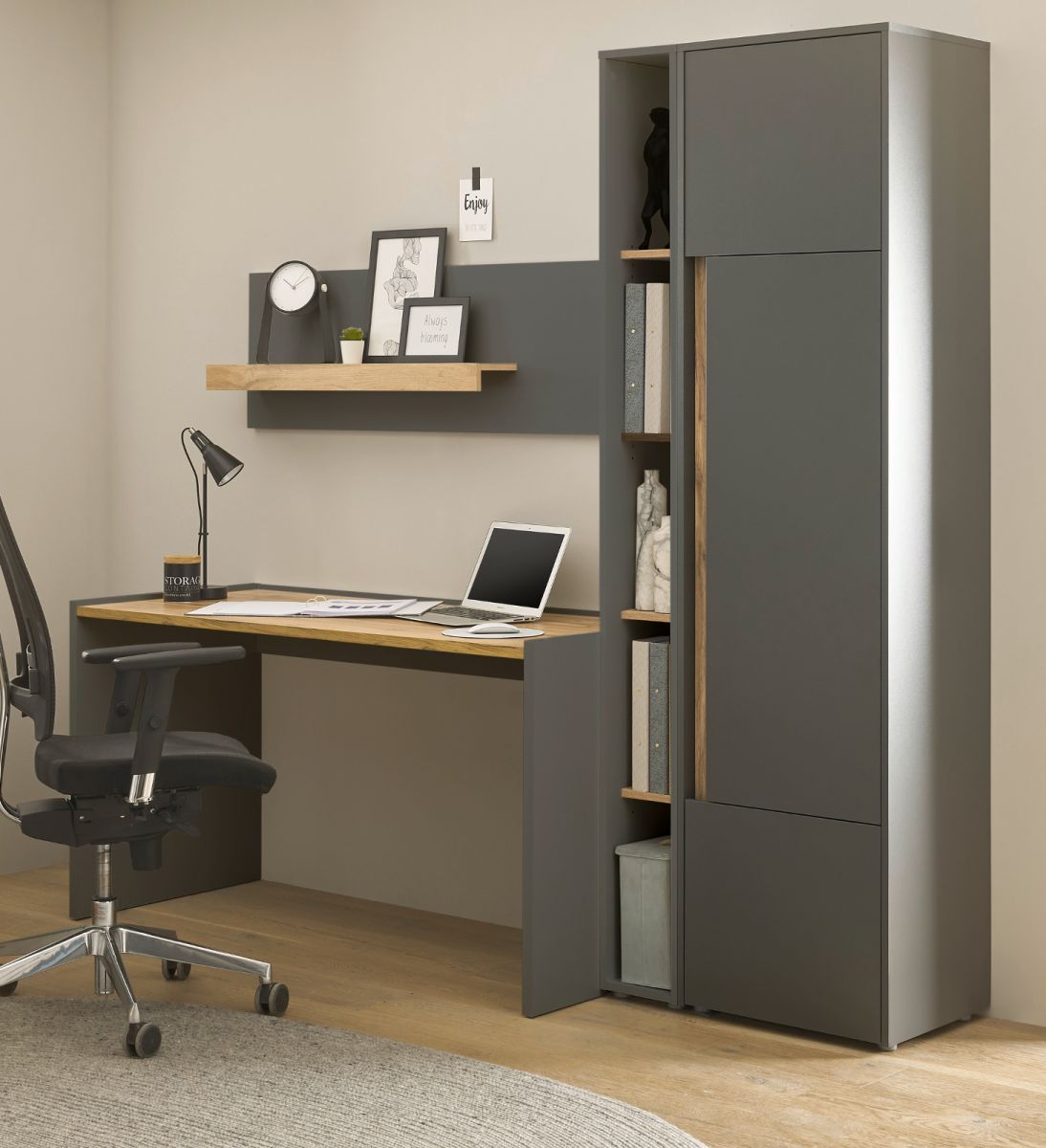 Büromöbel Set Center in grau matt und Wotan Eiche mit Schreibtisch- Aktenschrank und 2 x Regal für Homeoffice
