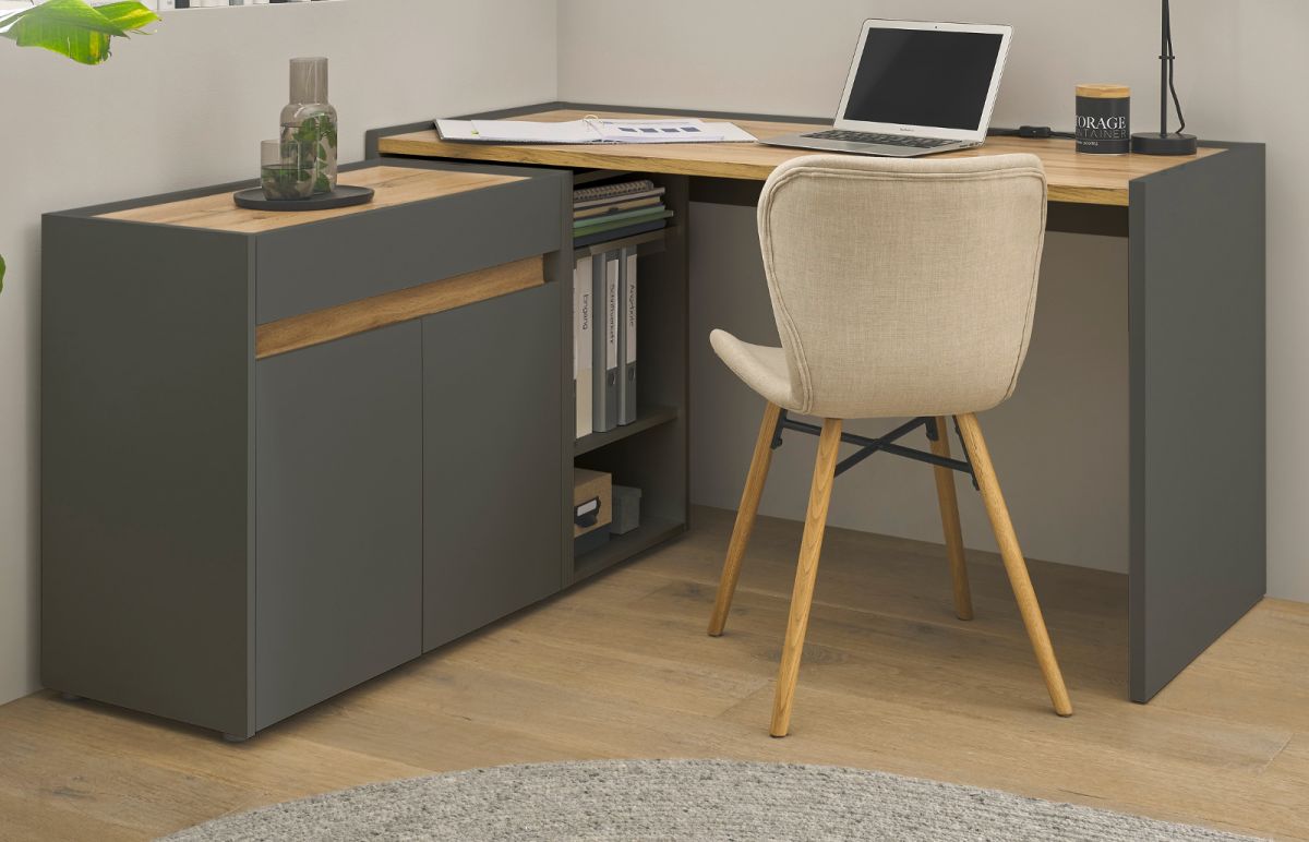 Büromöbel Set Center in grau matt und Wotan Eiche mit Schreibtisch- Kommode und Aktenregal für Homeoffice