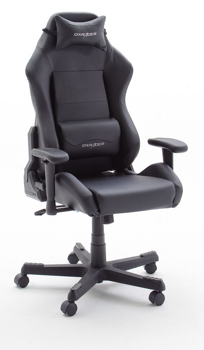 Bürostuhl DX-Racer in Kunstleder schwarz mit Wippmechanik Chefsessel inkl- 2 verstellbarer Stützkissen Gaming Stuhl