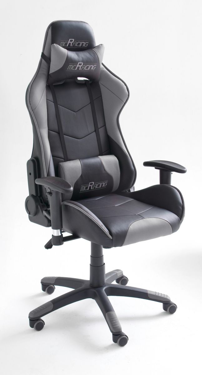 Bürostuhl Mc Racing in Kunstleder schwarz und grau mit Wippmechanik Chefsessel inkl- 2 verstellbarer Stützkissen Gaming Stuhl