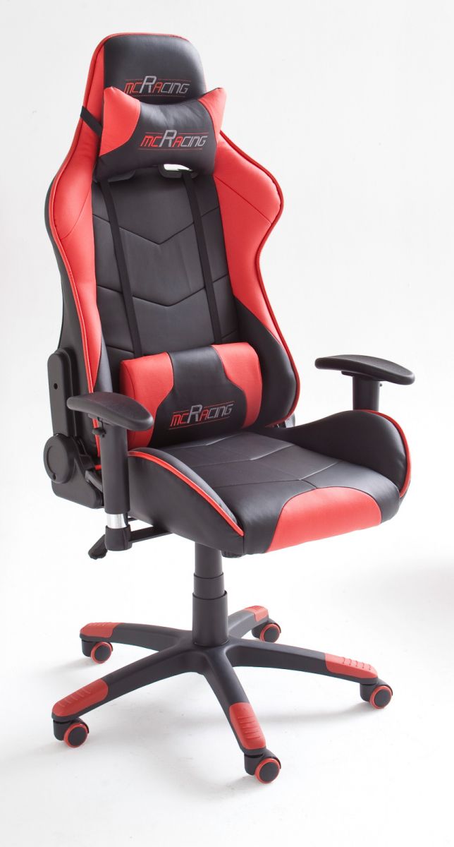 Bürostuhl Mc Racing in Kunstleder schwarz und rot mit Wippmechanik Chefsessel inkl- 2 verstellbarer Stützkissen Gaming Stuhl