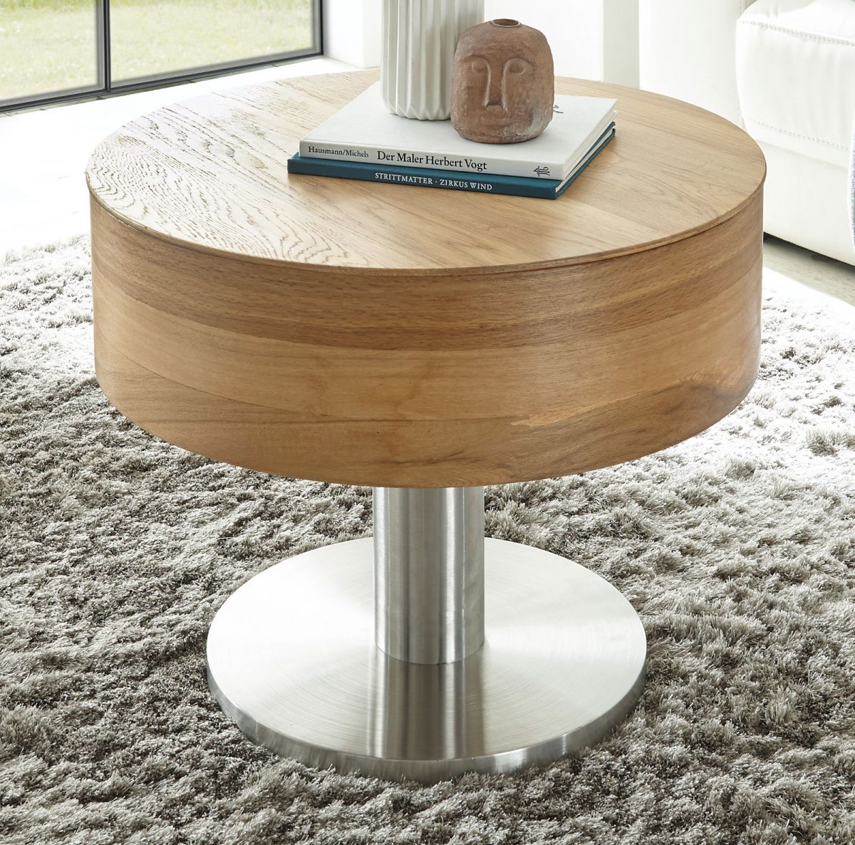Couchtisch Tanger in Asteiche Beistelltisch mit hhenverstellbarer Tischplatte und Edelstahl rund - 60 cm unter Wohnzimmer > Couchtische > Holz