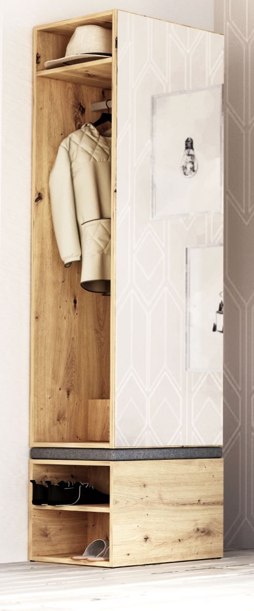 Garderobe Brighty in Artisan Eiche Set 2-tlg- mit Spiegel und Sitzhocker gepolstert 50 x 190 cm