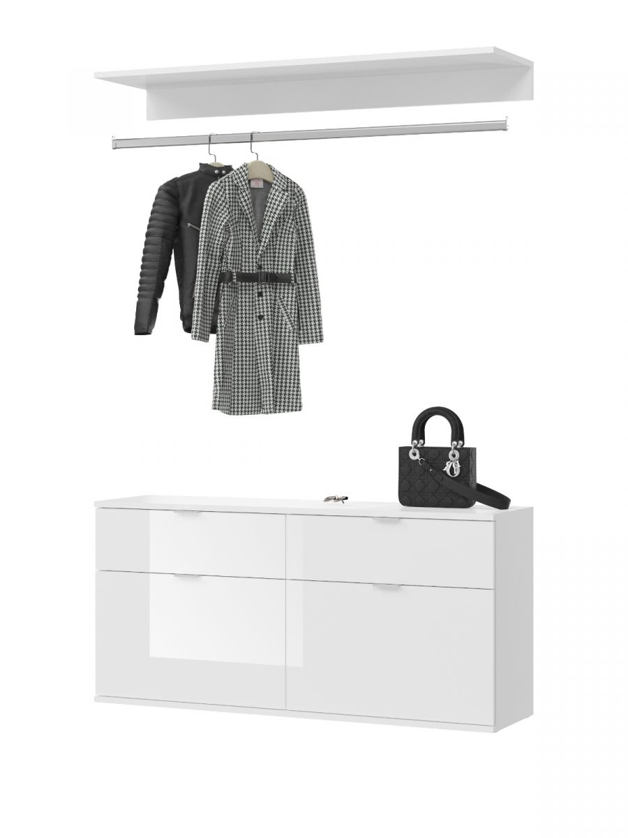 Garderobe Set 3-teilig ProjektX in weiss Hochglanz Kommode und Kleiderstange 121 cm