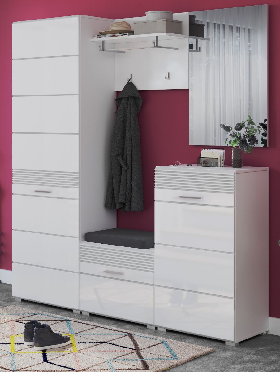 Garderobe Set 5-teilig Linus in weiss Hochglanz Garderobenkombination 170 x 190 cm