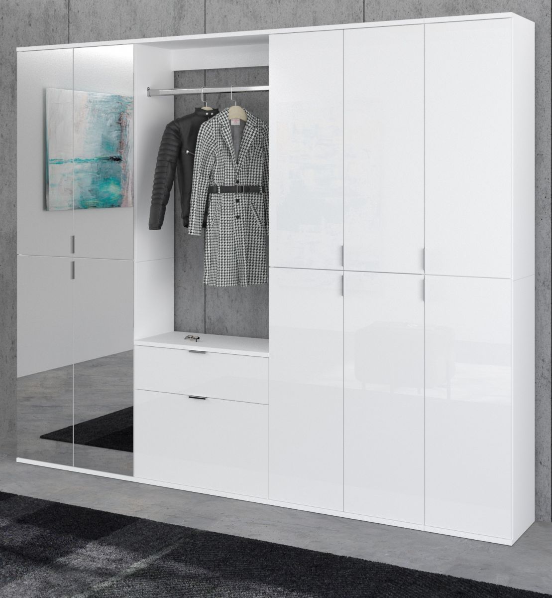 Garderobenschrank mit Spiegel ProjektX in weiss Hochglanz 213 x 193 cm