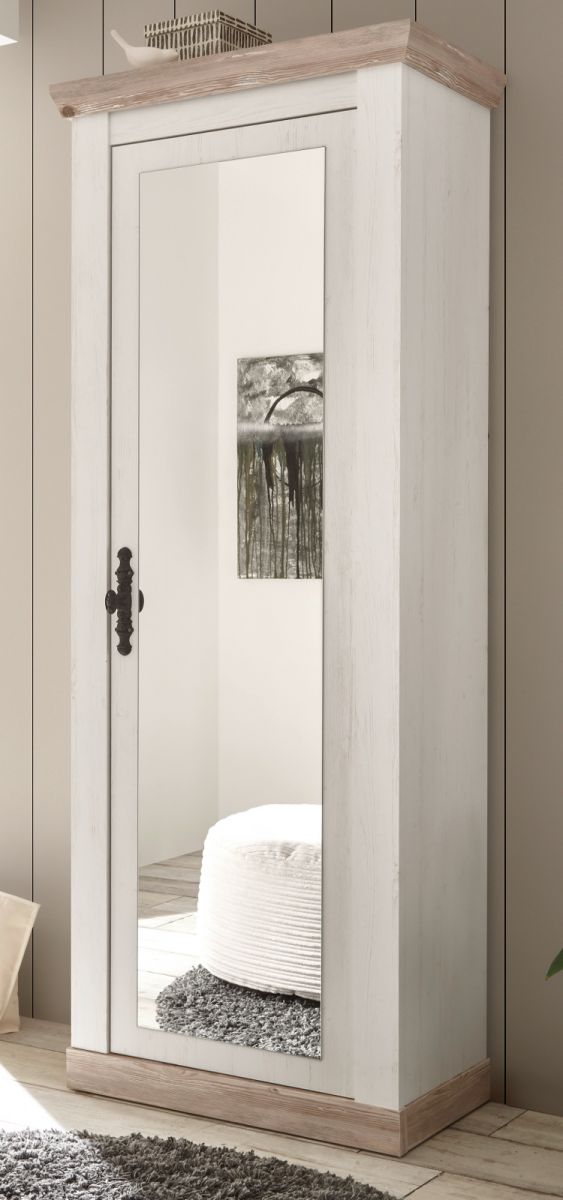 Garderobenschrank Rovola in Pinie weiss - Oslo Pinie Landhaus Garderobe oder grosser Schuhschrank mit Spiegel 73 x 201 cm