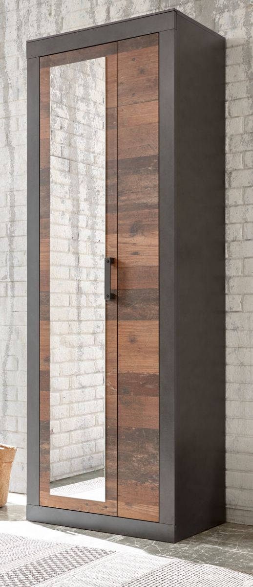 Garderobenschrank Ward in Old Used Wood Shabby Design mit Matera grau Garderobe oder grosser Schuhschrank 65 x 201 cm