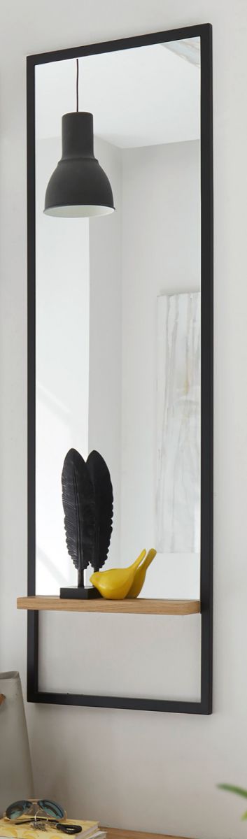 Garderobenspiegel Yorkshire in Crack Eiche und schwarz matt lackiert Wandspiegel mit Ablage 30 x 125 cm
