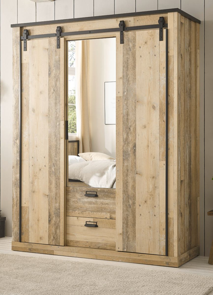 Kleiderschrank Stove in Used Wood hell und anthrazit Schiebetürentürenschrank 3-türig mit Spiegel 163 x 209