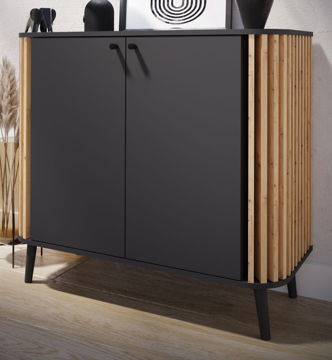 Kommode Pure in grau und Artisan Eiche mit 3D-Lamellen Wohn- und Esszimmer Sideboard 92 cm