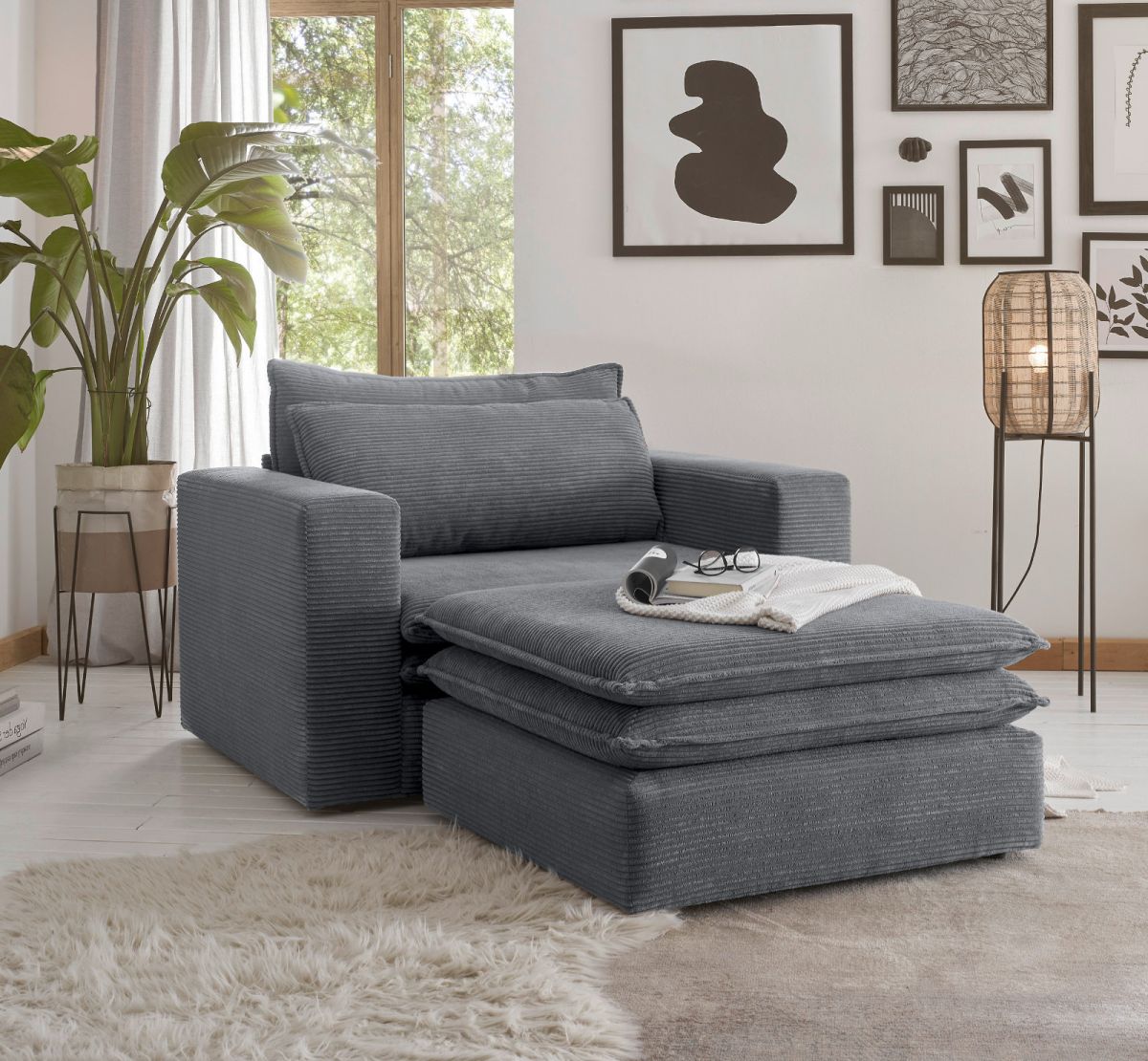 Loveseat Sessel Set Pesaro in grau Cord Couch Loungesessel inklusive Hocker