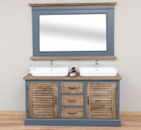 Nachtblauer Waschtisch mit Aufsatzbecken und Spiegel im Landhausstil