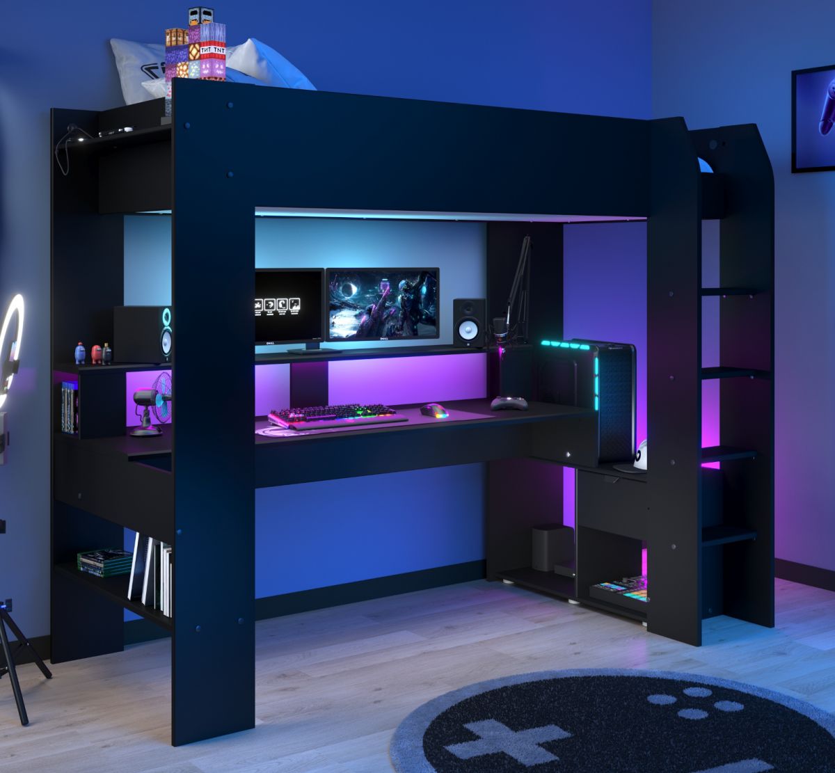 Parisot Hochbett Online1 in schwarz Gaming Jugendzimmer Bett mit Schreibtisch inkl- LED Beleuchtung mit Farbwechsel