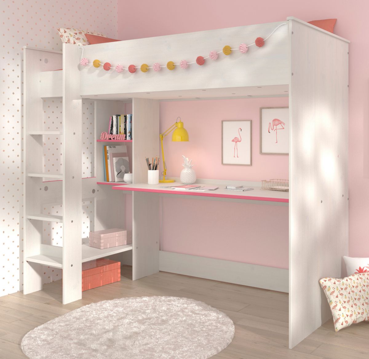 Parisot Hochbett Smoozy3 in weiss Kiefer mit blau oder pink Kinderzimmer Bett 90x200 mit Schreibtisch unter Baby-, Kinder- & Jugendzimmer > Kinderzimmer > Mdchen
