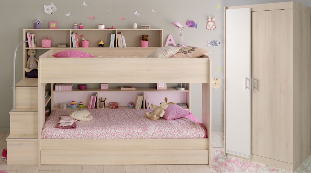 Parisot Kinder- und Jugendzimmer Bibop41 in Akazie Komplett-Set 3-teilig mit Etagenbett- Bettschubkasten und Kleiderschrank