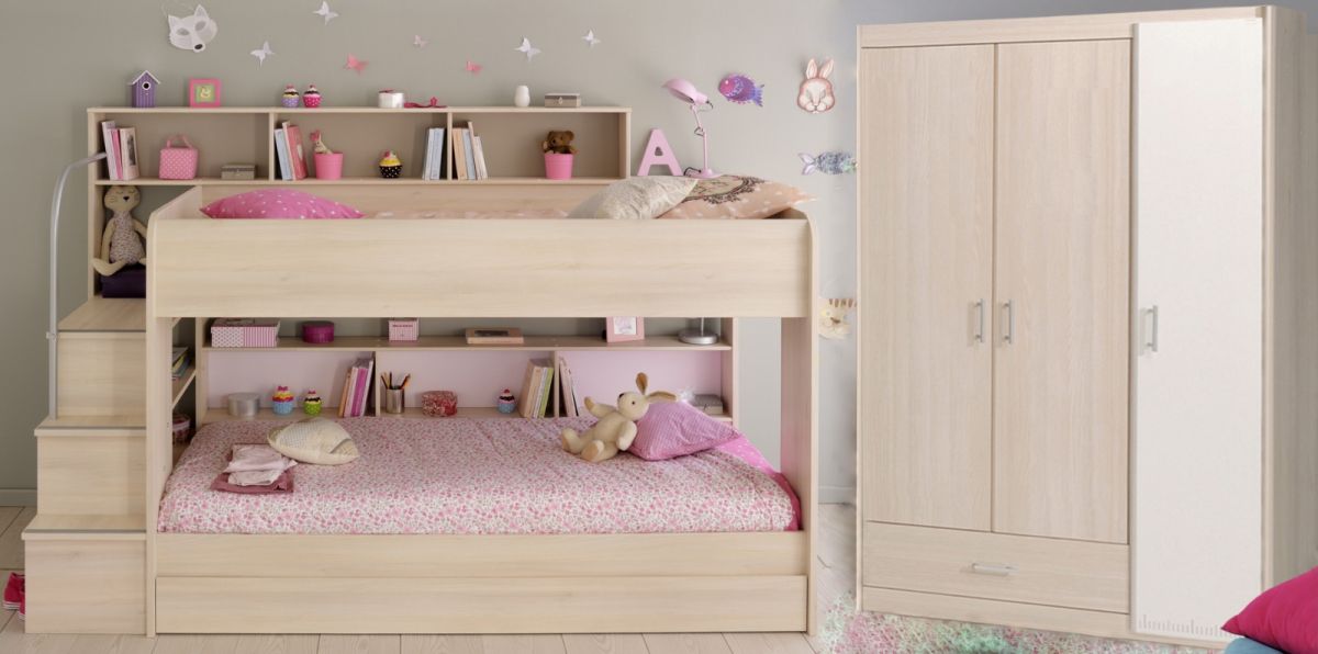 Parisot Kinder- und Jugendzimmer Bibop43 in Akazie Komplett-Set 3-teilig mit Etagenbett- Bettschubkasten und Kleiderschrank