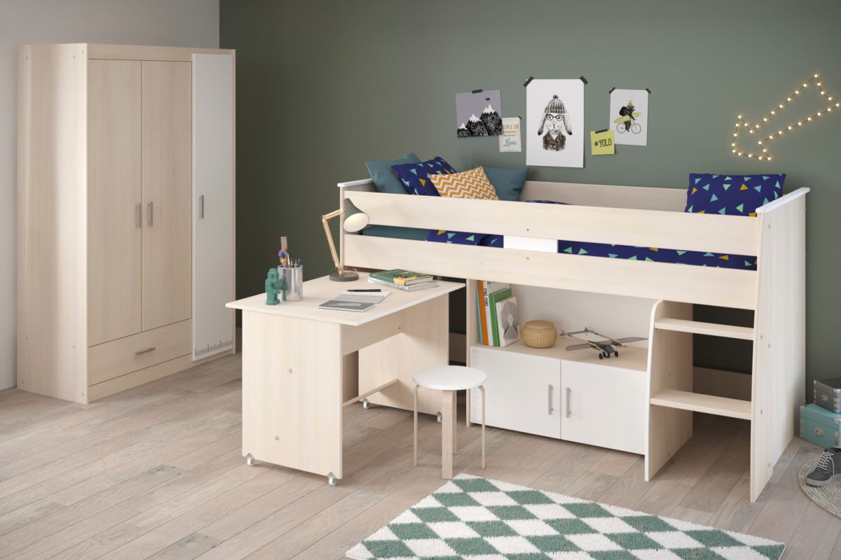 Parisot Kinder- und Jugendzimmer Charly6 in Akazie und weiss Set inklusive Kleiderschrank und Hochbett mit Schreibtisch