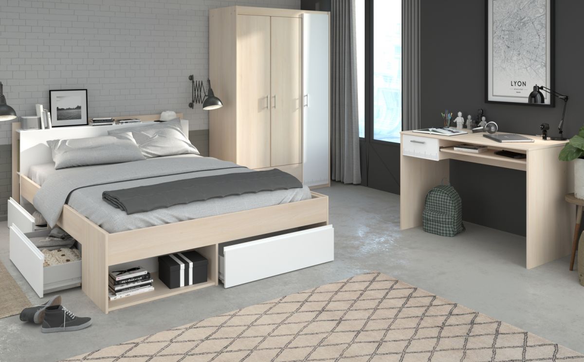 Parisot Schlafzimmer komplett Most73 in Akazie und weiss Komplettzimmer mit Stauraumbett- Kleiderschrank und Schreibtisch