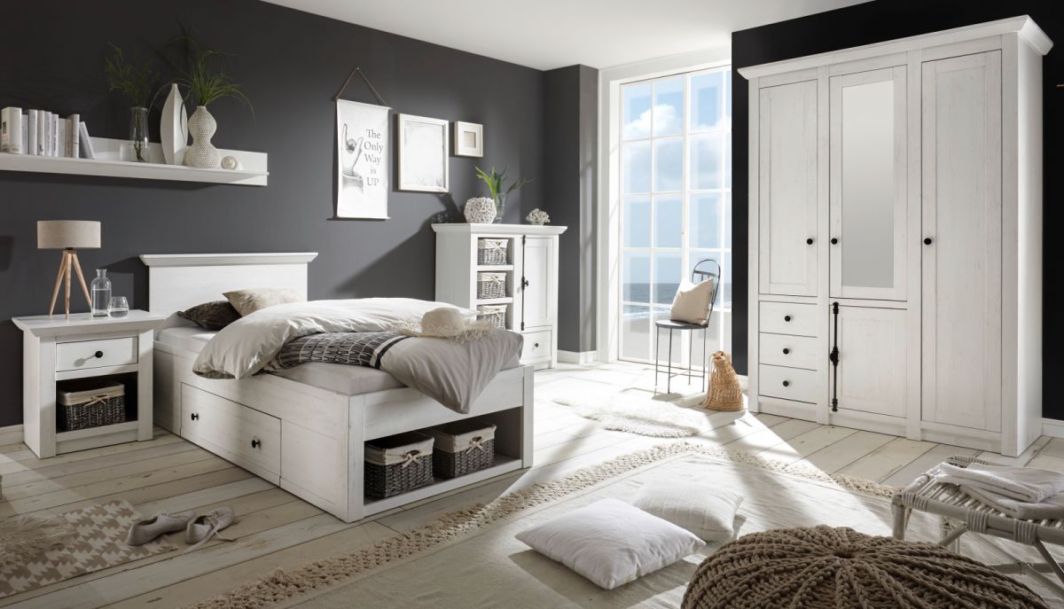 Schlafzimmer komplett Hooge in Pinie weiss Landhaus Set mit Bett- Kleiderschrank- Kommode und Nachttisch