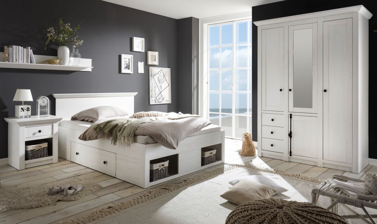 Schlafzimmer komplett Hooge in Pinie weiss Landhaus Set mit Bett- Kleiderschrank und Nachttisch