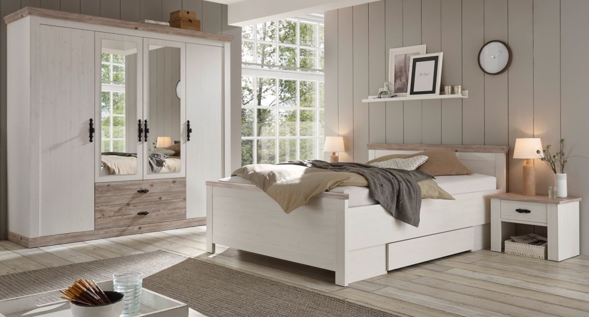 Schlafzimmer komplett Rovola in Pinie weiss - Oslo Pinie Landhaus Komplettzimmer mit Bett- Kleiderschrank und 2 x Nachttisch