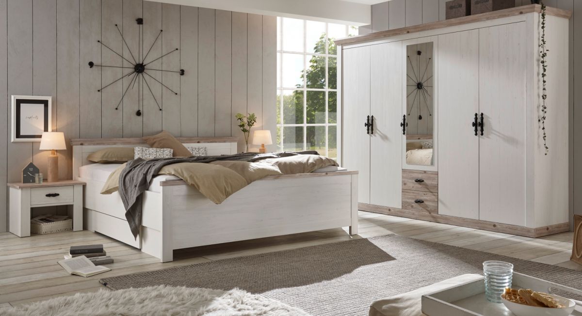 Schlafzimmer komplett Rovola in Pinie weiss - Oslo Pinie Landhaus Komplettzimmer mit Doppelbett- Kleiderschrank und 2 x Nachttisch