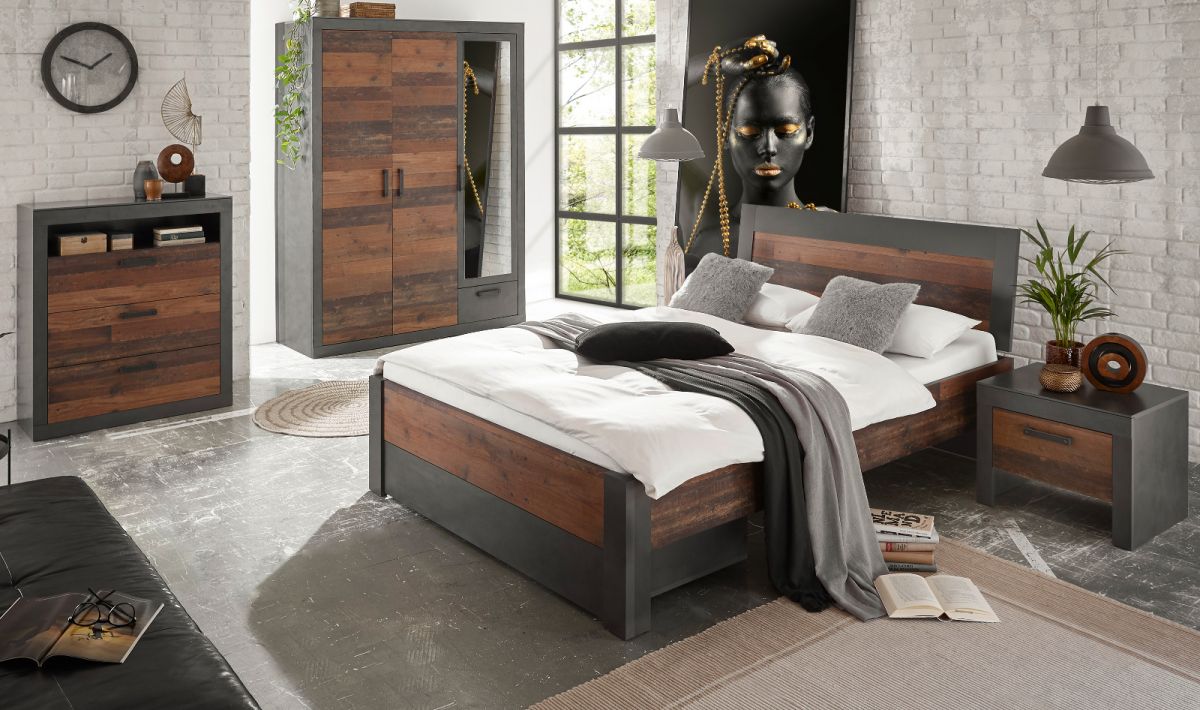 Schlafzimmer komplett Ward in Old Used Wood Shabby Design mit Matera grau Komplettzimmer mit Bett- Bettschubkasten- Kleiderschrank- Kommode und Nachttisch