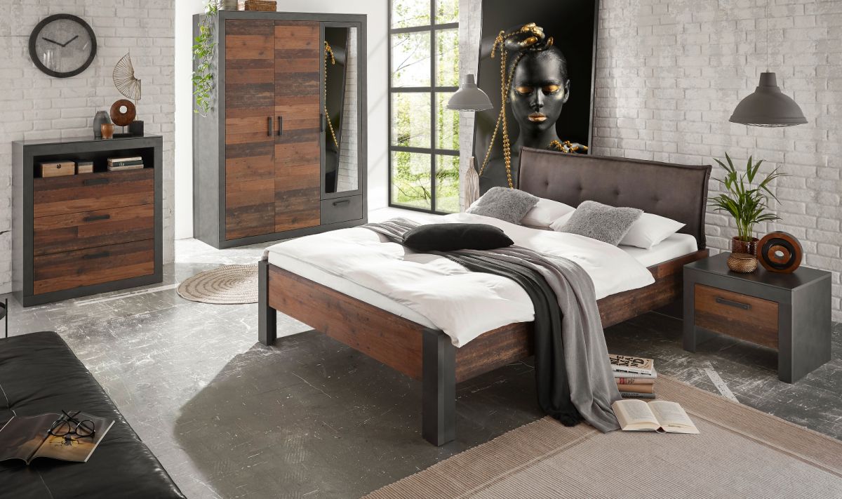 Schlafzimmer komplett Ward in Old Used Wood Shabby Design mit Matera grau Komplettzimmer mit Bett- Kleiderschrank- Kommode und Nachttisch